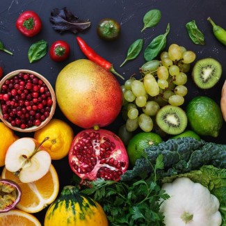 Assorted colorful fruit and vegetables.