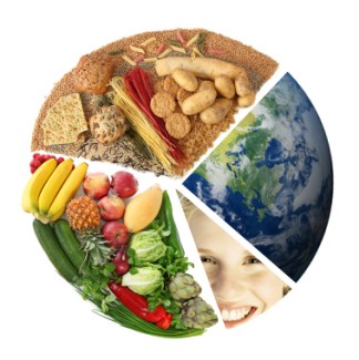 Photo Illustration of Food Pyramid: Starches and Grains, Fruits and Vegetables, the Earth, and Woman Smiling