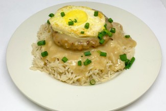 Vegan Loco Moco - rice, burger, gravy all over and a fried vegan egg!