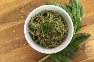 Photo: Vegan pesto made with basil and mizuna mixed with soba noodles