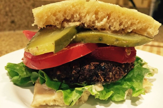 Photo: Black Bean Burger with Pickles, Tomato and Lettuce