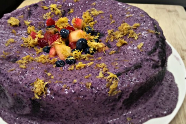 Photo: Red Velvet Cake with Blueberry Frosting and Chopped Fruit