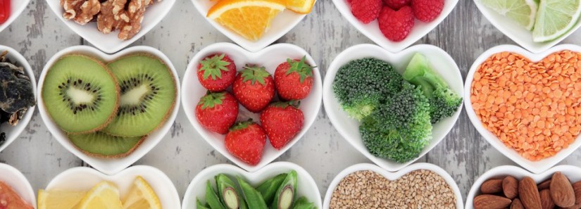 Photo: Fruit, vegetables, and grain in heart shaped bowls